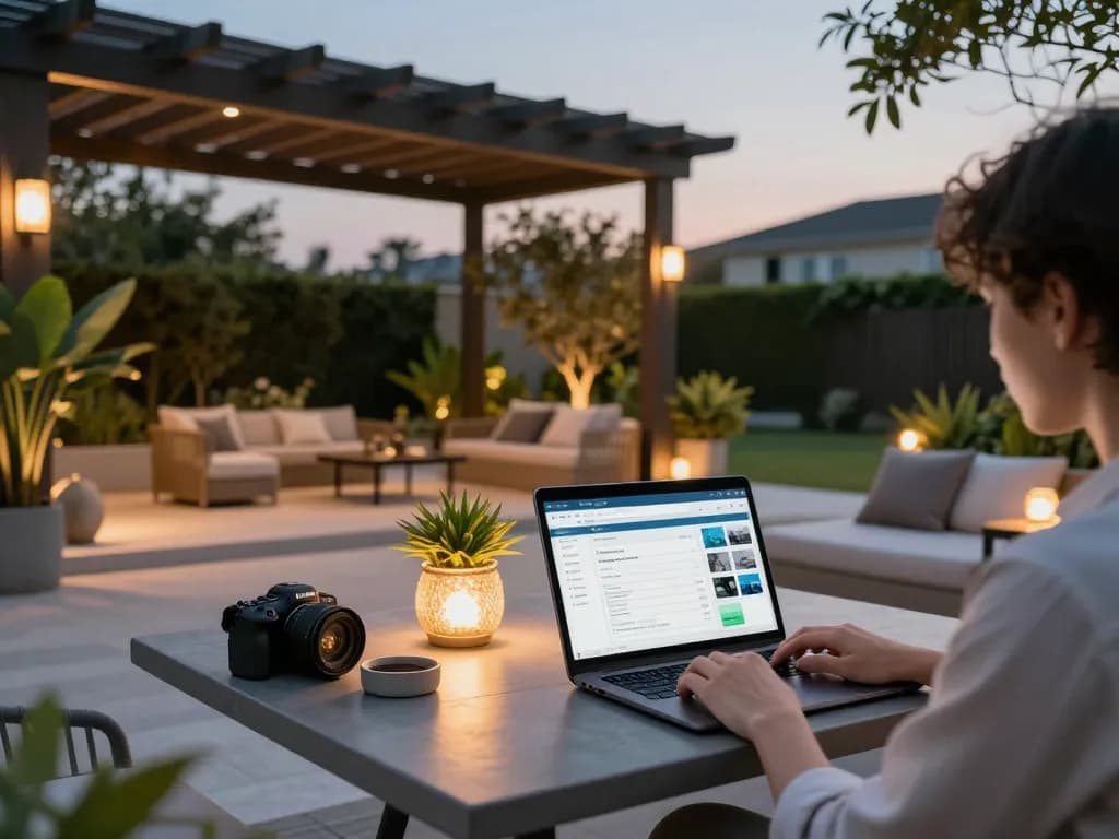 Configurazione della gestione dei contenuti delle pergole (CMS) in un elegante patio all'aperto con illuminazione ambientale ed elementi decorativi.