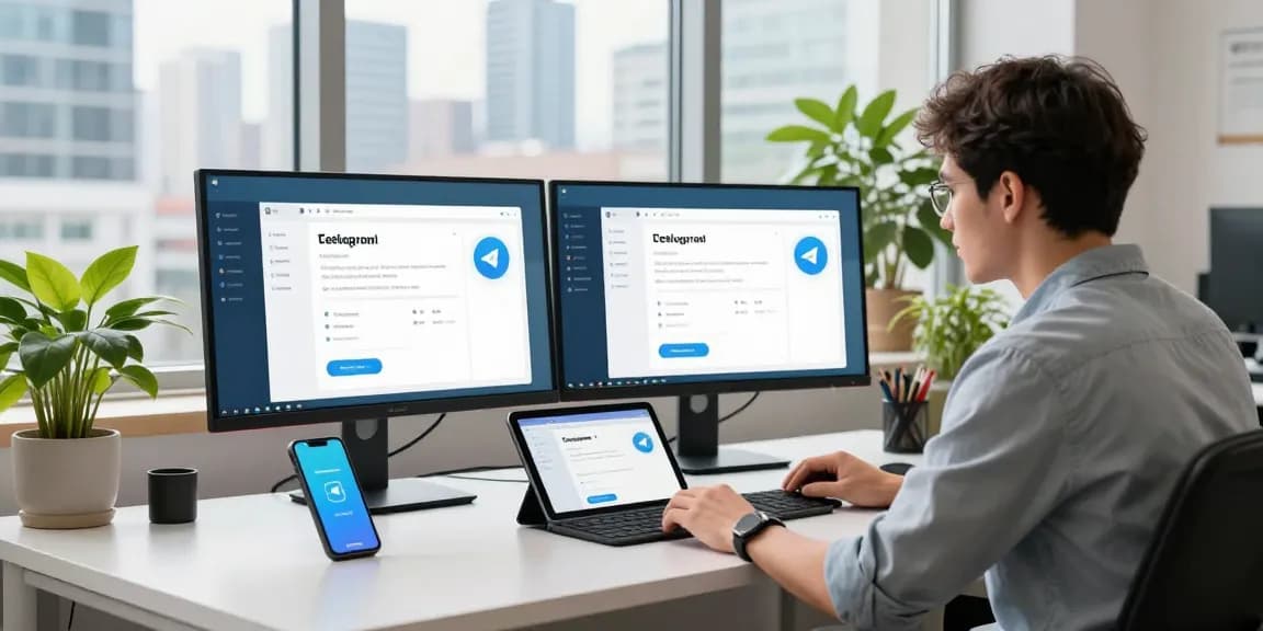 Efficient Telegram Download on multiple devices in a modern workspace with urban backdrop.