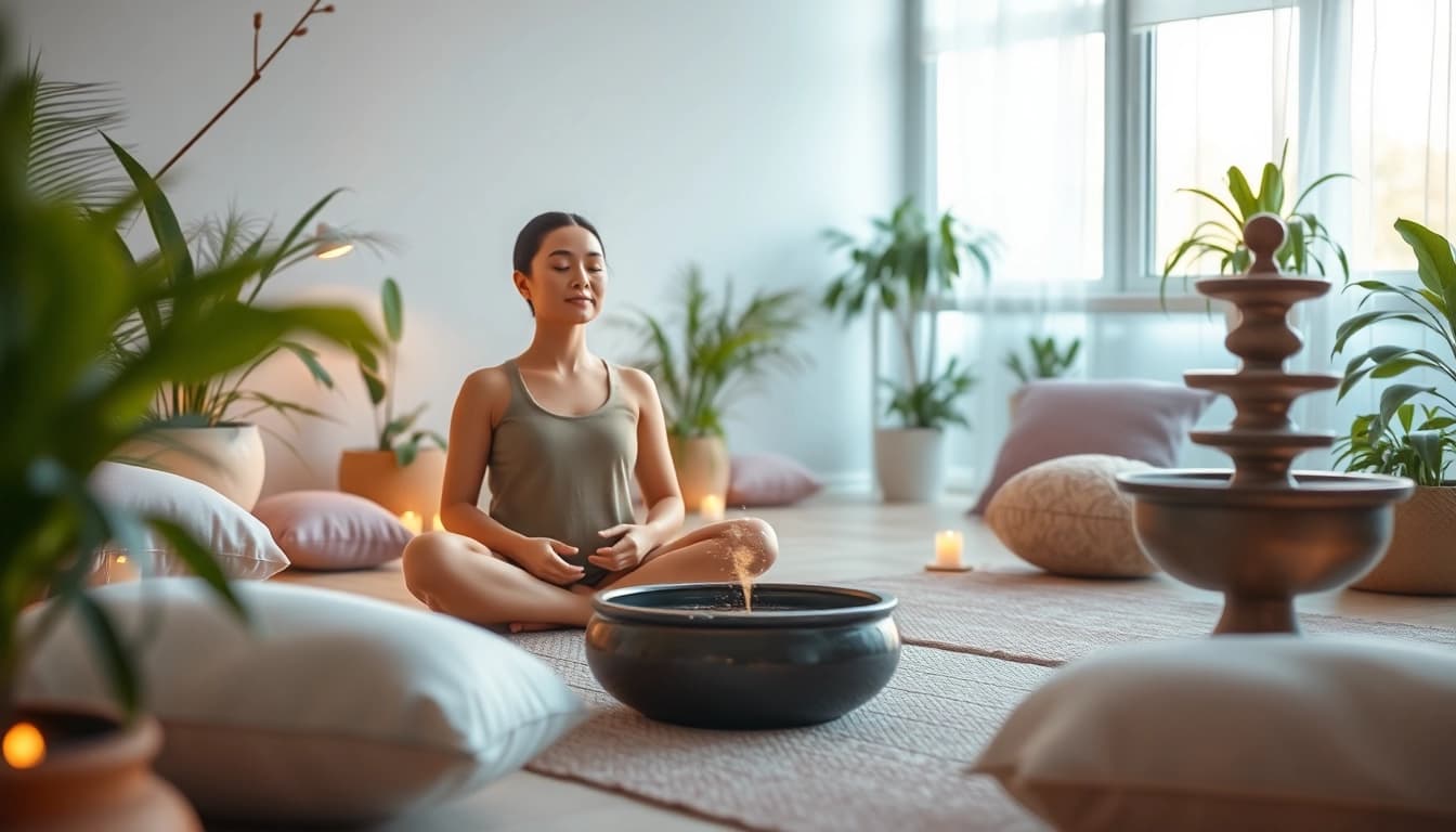 Practicing mindfulness to relieve stress and anxiety in a peaceful meditation space.