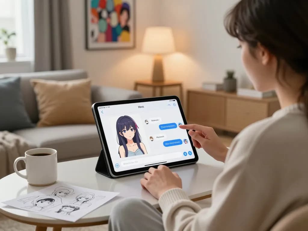 Engaging in hentai ai chat with an AI character on a sleek tablet in a modern living room.