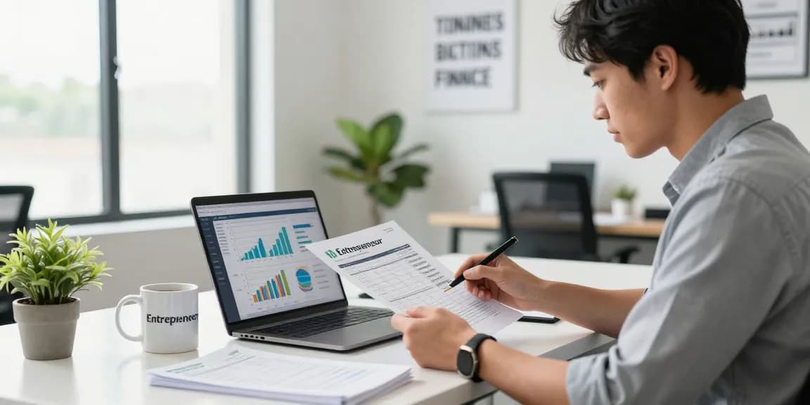 Business owner reviewing documents for a Stripe merchant cash advance in a professional office.