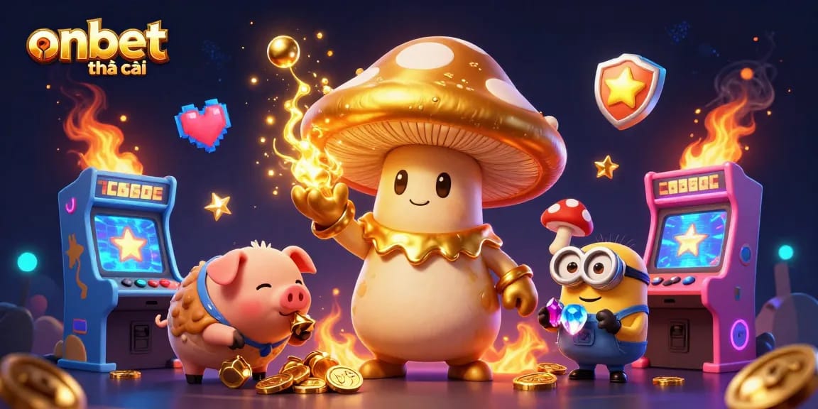 Experience the magic of onbet nhà cái with golden treasures and animated game elements in this vibrant digital art.