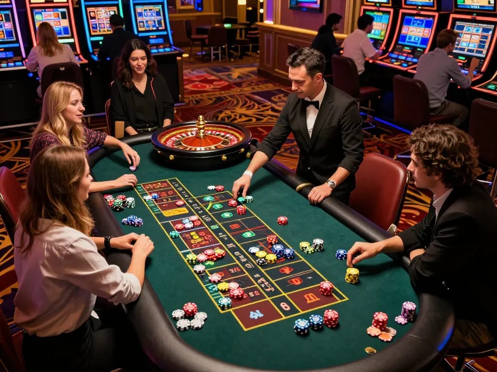 Players enjoying the excitement of roulette at vnloto casino with vibrant chips and engaging atmosphere.