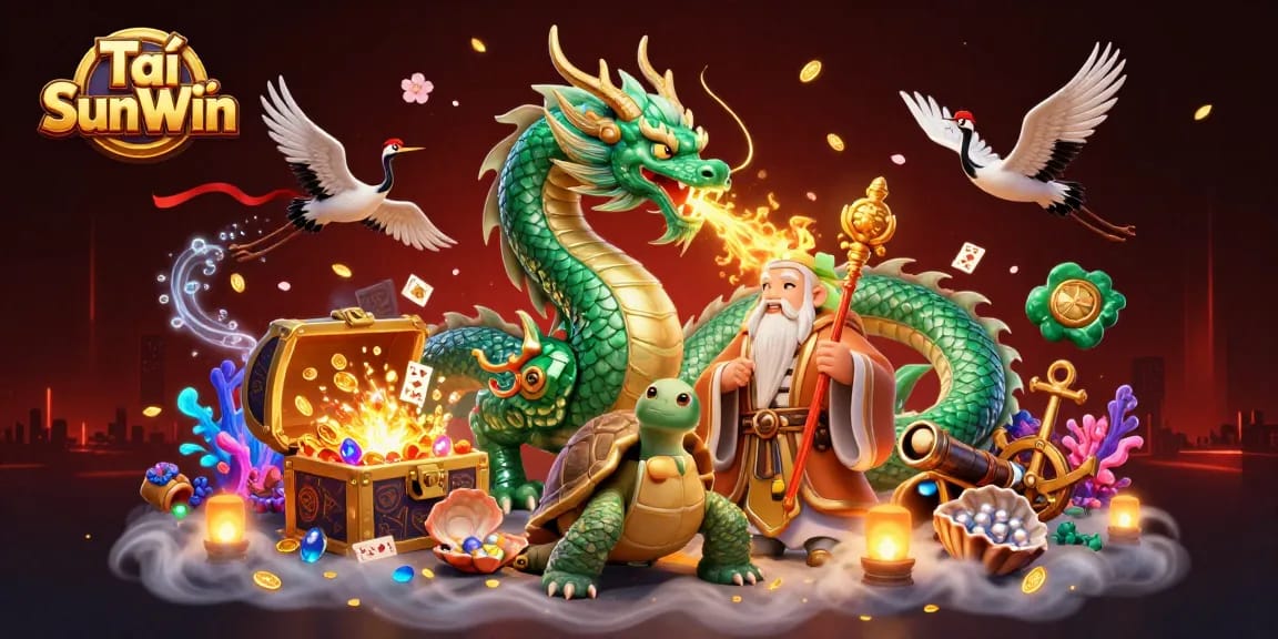 Tải SunWin delivers a thrilling gaming experience with a vibrant dragon and lucky cranes in a dynamic casino scene.