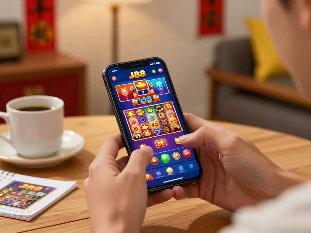 Player enjoying J88 casino app on smartphone with vibrant interface in cozy home setting.