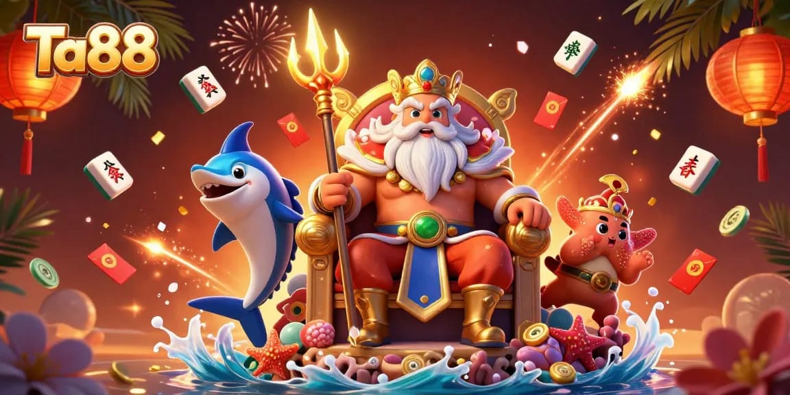Experience the vibrant world of Ta88 with a dynamic casino-themed scene filled with festive elements.