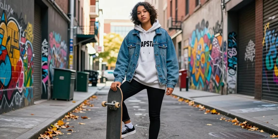 Felpa Trapstar indossata in un look streetwear alla moda in un ambiente urbano.