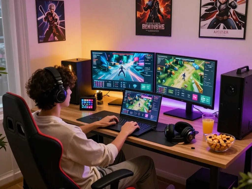 Engaging online gaming setup at https://rikviprent.com with vibrant screens and ambient lighting.