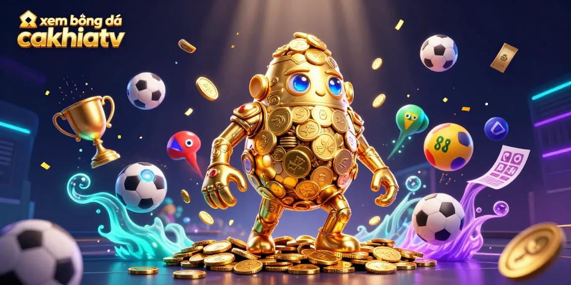 xem bóng đá cakhiatv sports betting action with dynamic footballs and shimmering golden elements