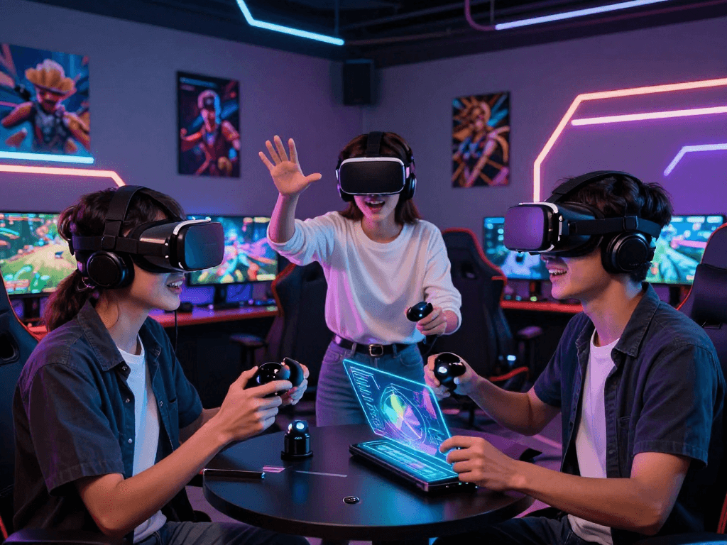Engaged players experiencing an immersive AI roleplay adventure in a futuristic gaming room.