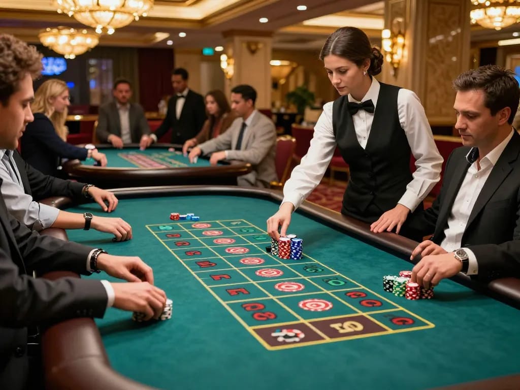 Engaged players placing bets at the keonhacai roulette table in a vibrant casino setting
