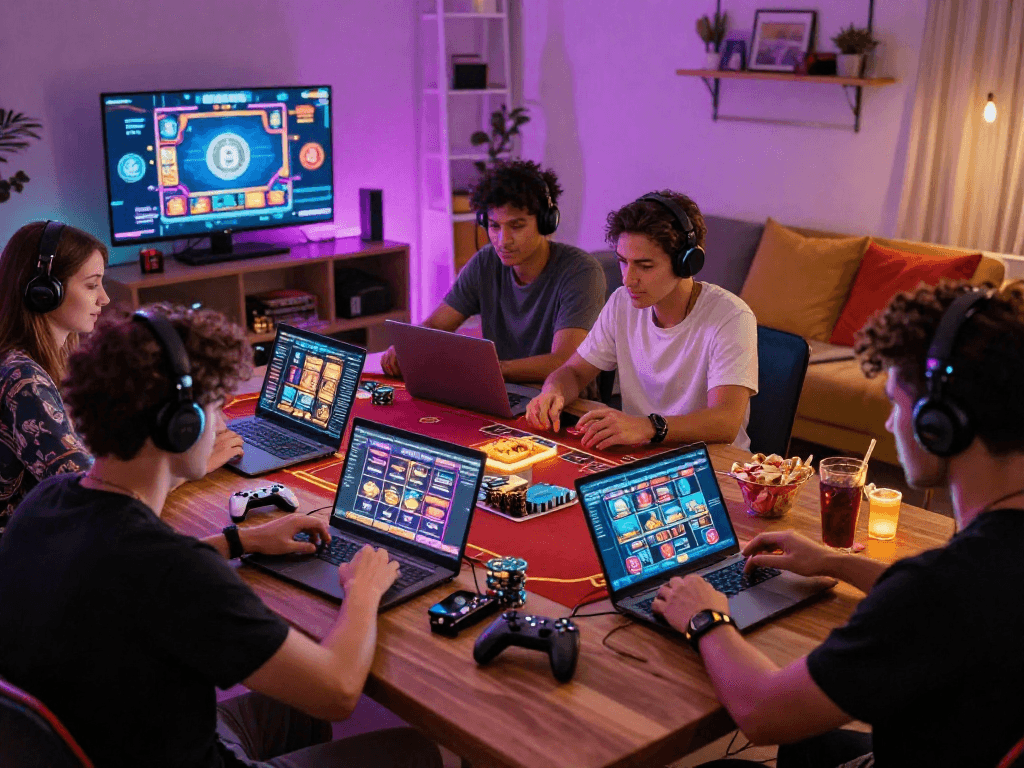 Exciting crypto casino gaming scene with players engaged in online slots and poker in a lively atmosphere.
