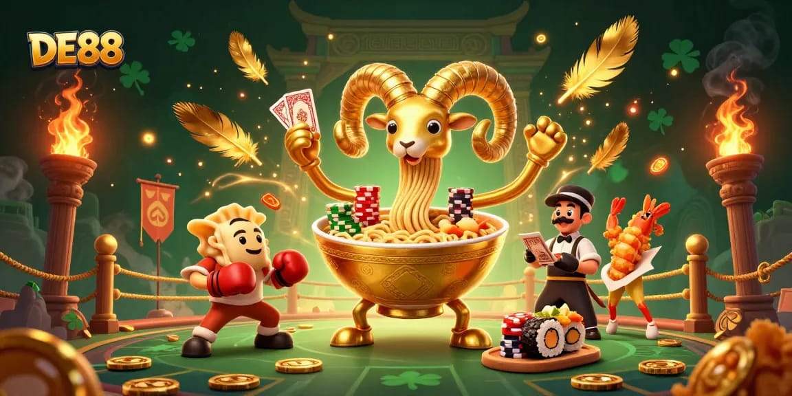 DE88 engages gamblers with a lively 3D casino illustration featuring colorful characters.