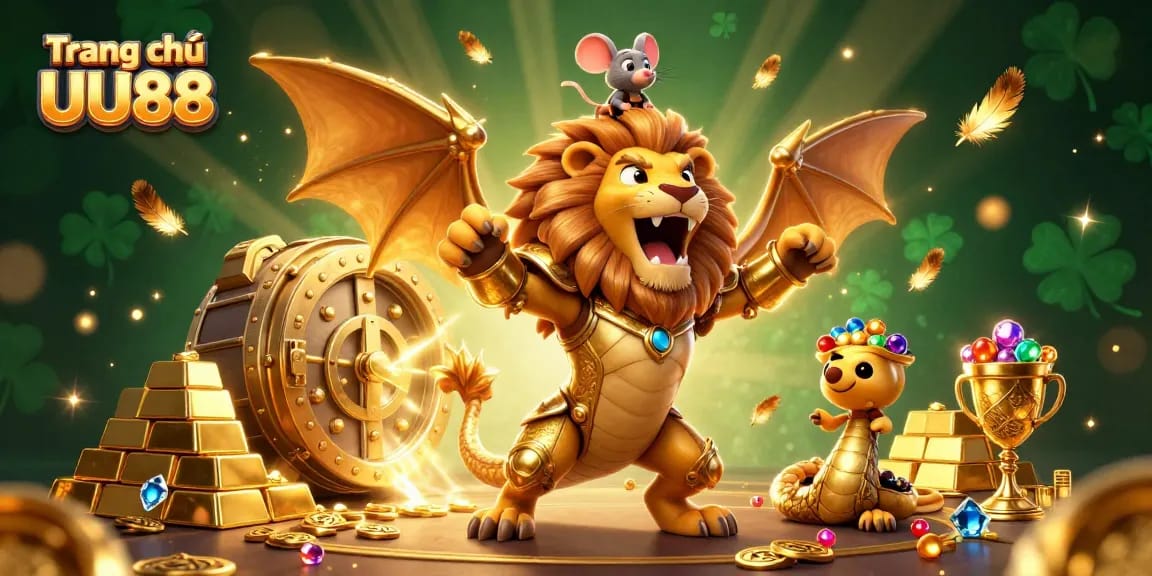 Win big with the dynamic scene featuring Trang chủ UU88, highlighting luxurious casino elements and a triumphant chimera.
