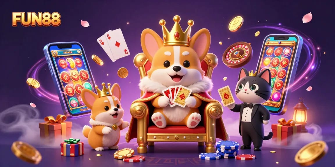 Spin the reels at FUN88 with a playful corgi king in a vibrant casino scene.