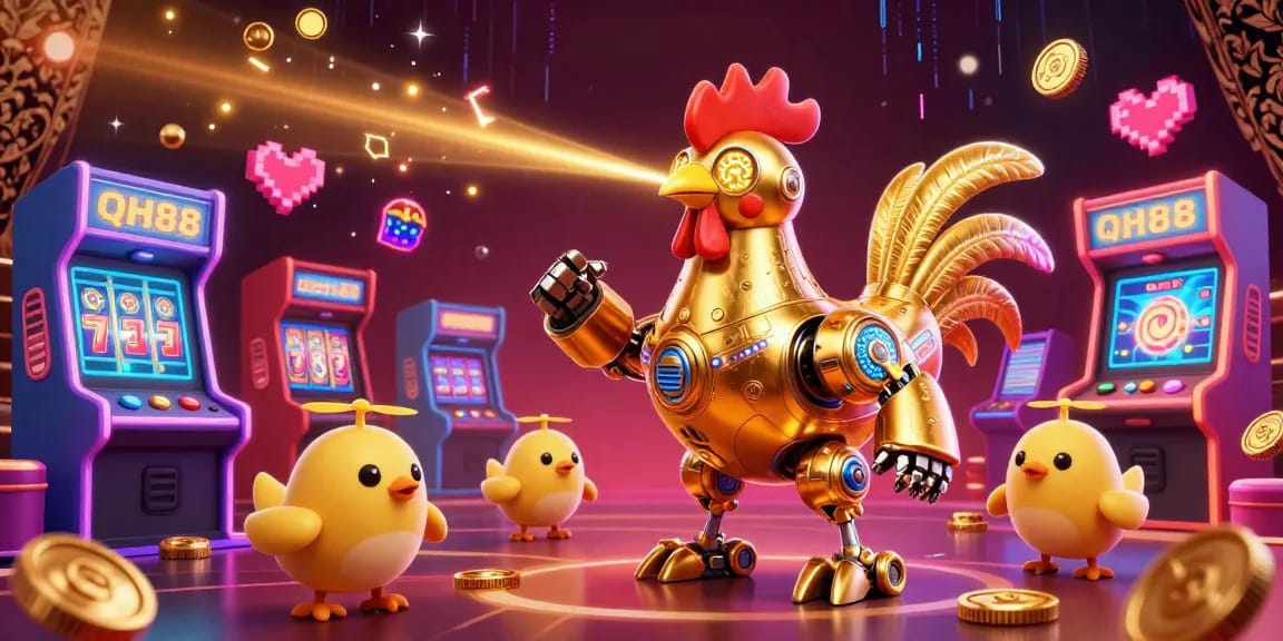 Engage in exciting gaming at QH88 with a vibrant 3D retro-futuristic casino scene.