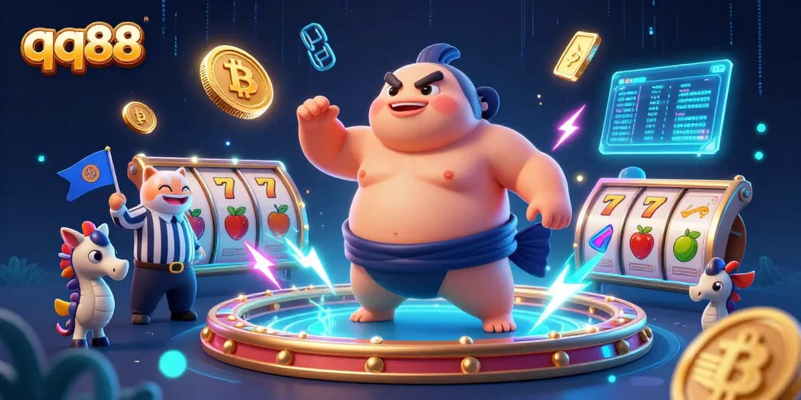 Engage in exciting gambling with qq88 and vibrant slot reels featuring iconic symbols and crypto elements.