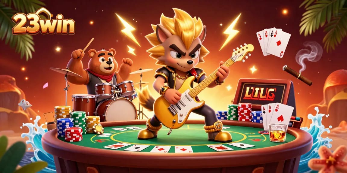 Experience intense gaming with 23win as a rock star wolf plays guitar on stage.