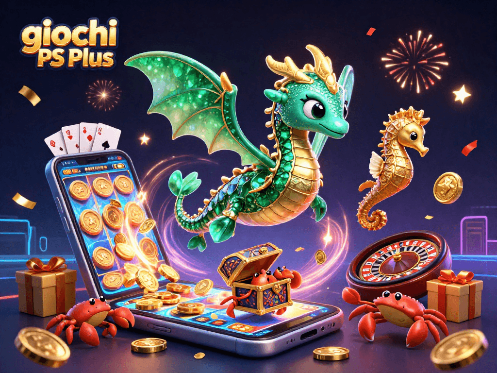I giochi PS Plus offrono un'illustrazione coinvolgente di un drago marino e elementi di gioco nel mondo del casinò.