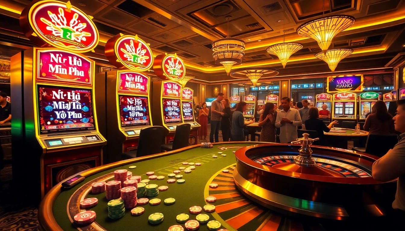 Nổ Hũ Miễn Phí slot machines lighting up an exciting casino atmosphere filled with players.