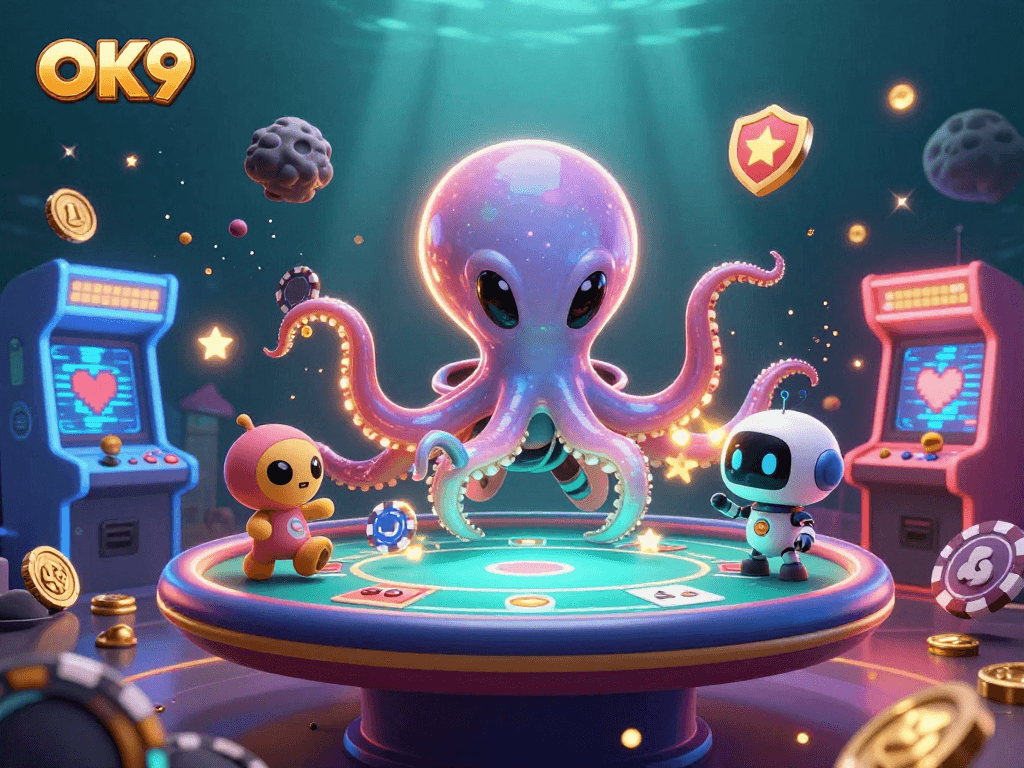 Engage in exciting gaming at OK9 with a whimsical alien octopus and a tiny robot at a poker table.