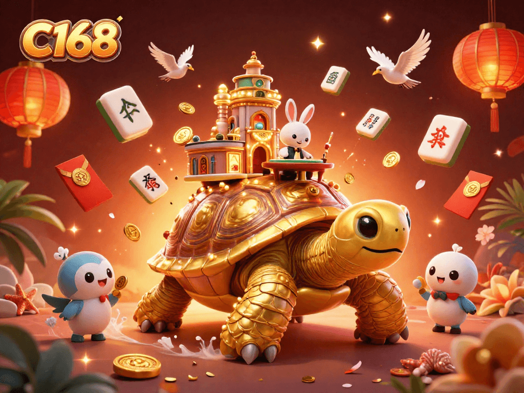 C168 showcases a vibrant 3D scene with a golden tortoise casino, rabbit dealer, and flying coins.