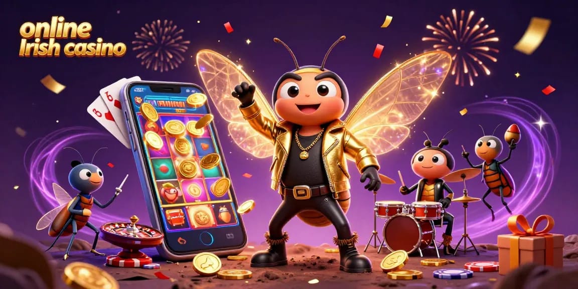 Engage in a thrilling online Irish casino experience with vibrant characters and casino elements.