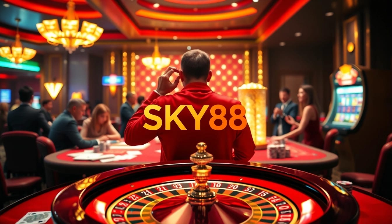 SKY88 table games glimmer with excitement as players engage in thrilling casino action.