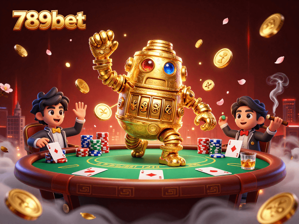 Engage with 789bet's vibrant casino scene featuring a golden golem amidst poker riches and dynamic lights.