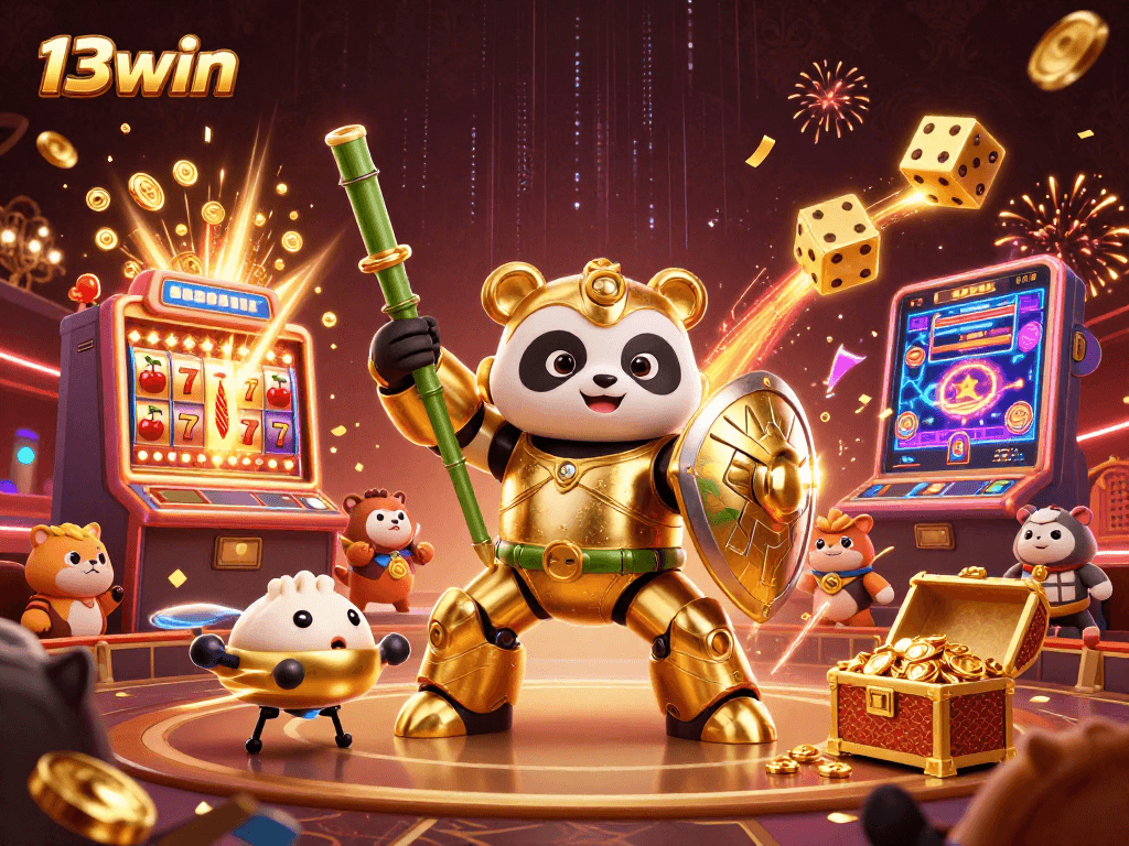 13win gamifies the excitement with a dynamic illustration of a mech-suit panda engaging in a jackpot frenzy.