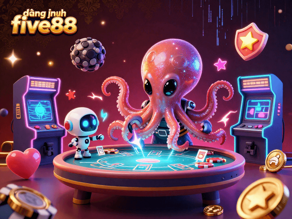 Engage in exciting gameplay with đăng nhập five88 at a holographic poker table, featuring vibrant 3D casino elements.