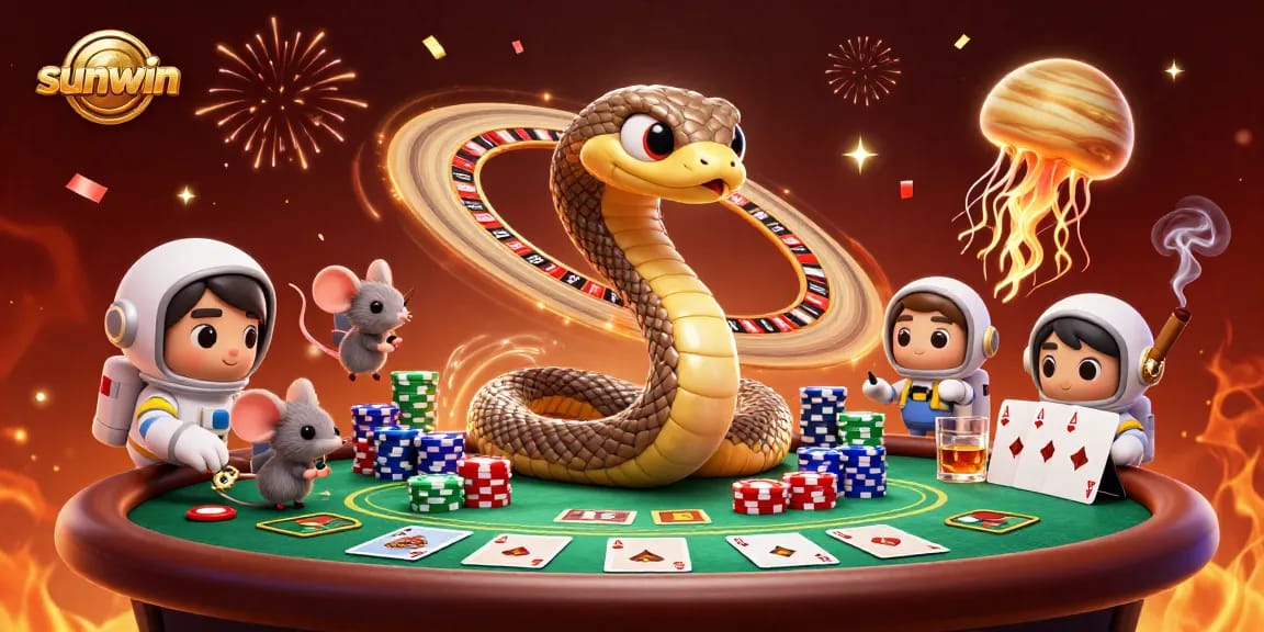 Place bets at sunwin's vibrant casino scene featuring a 3D cartoon Saturn as a roulette wheel.