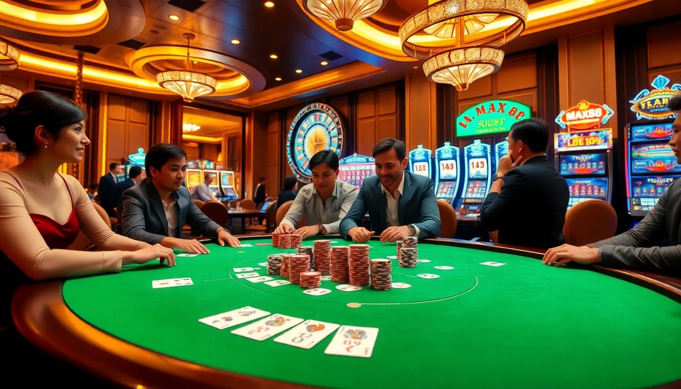 Experience excitement at MAX88's luxurious casino gaming table with vibrant chips and cards.