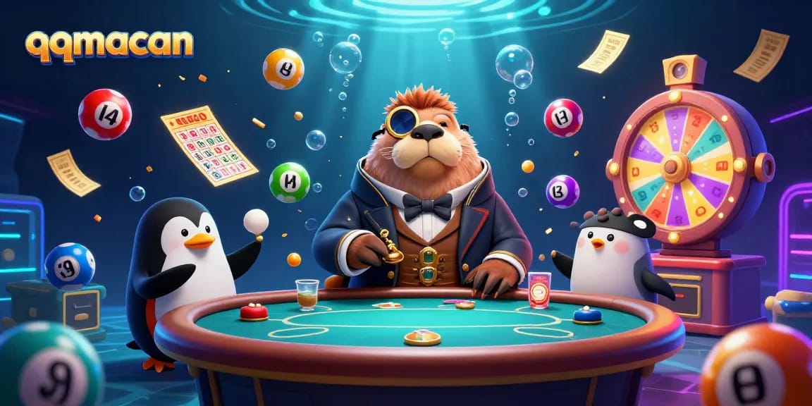 qqmacan offers a vibrant underwater poker scene with a walrus, penguin dealer, and pufferfish player.