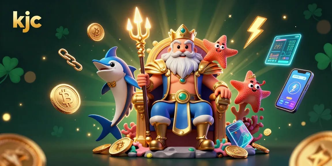 Play slots and win at KJC with Neptune and friends in a vibrant casino scene.
