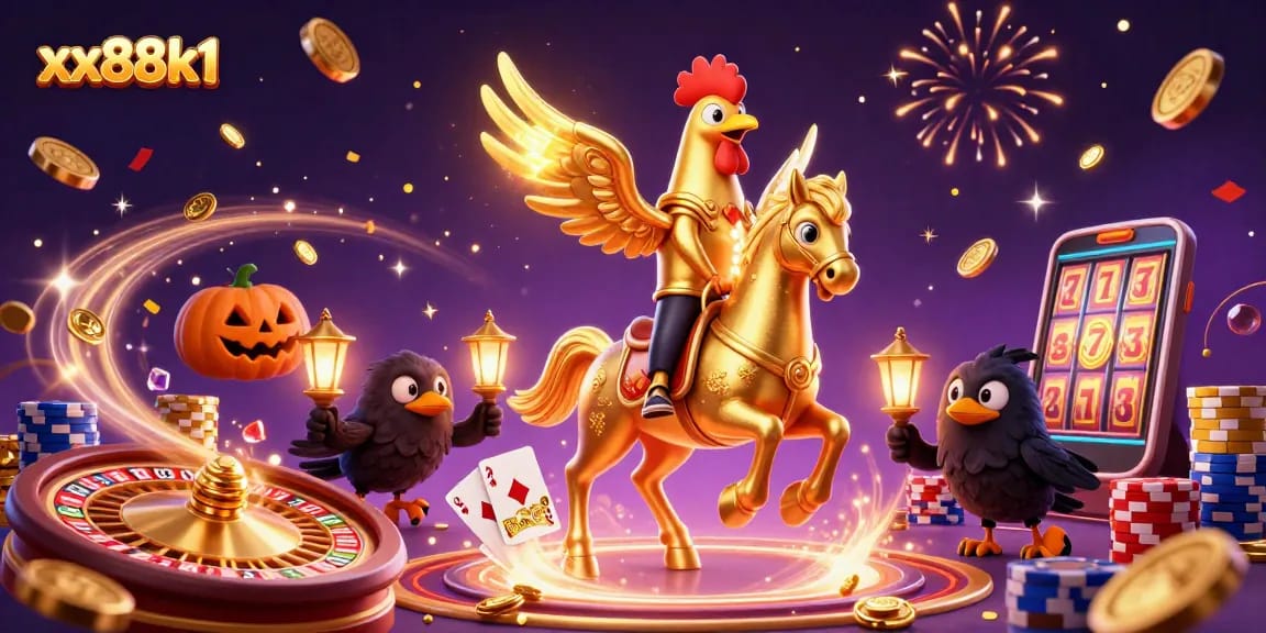 Engage with thrilling gameplay at xx88k1 featuring a golden rooster in a dynamic casino scene.