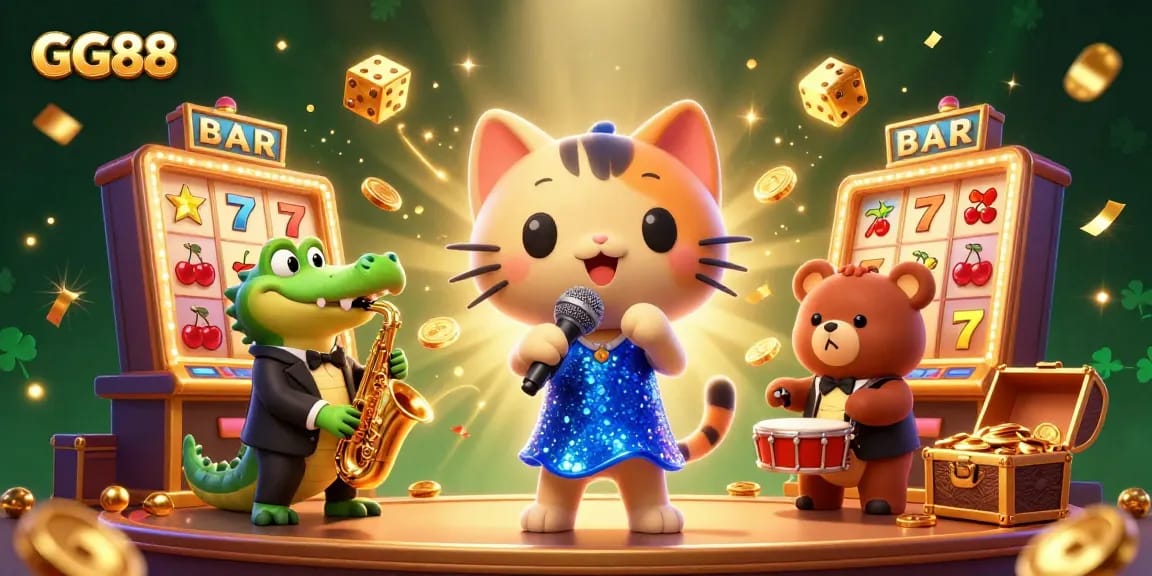 Experience the thrill of GG88 with vibrant casino elements in a dynamic 3D illustration featuring lively characters.
