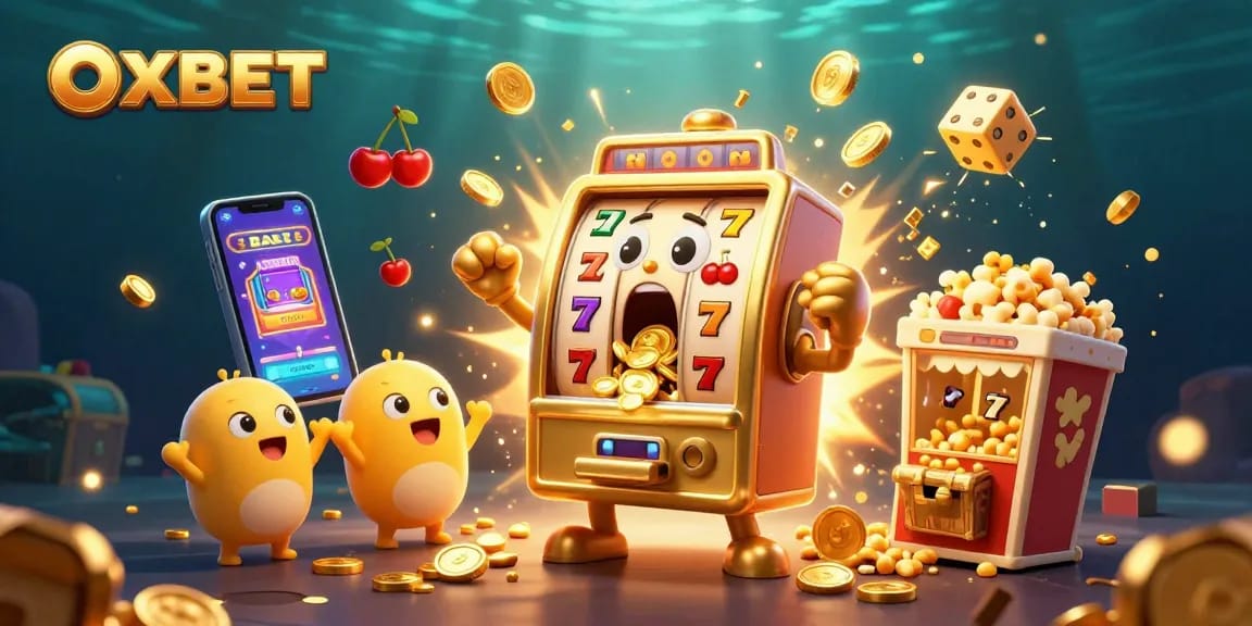 Experience the OXBET excitement with a golden slot machine celebrating a jackpot win amidst dynamic casino elements.
