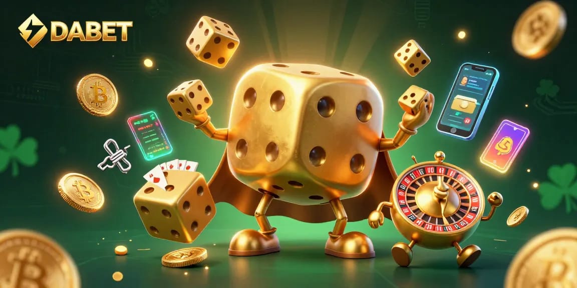 Join DABET's thrilling gaming world with an enchanting scene showcasing dynamic casino excitement and crypto elements.