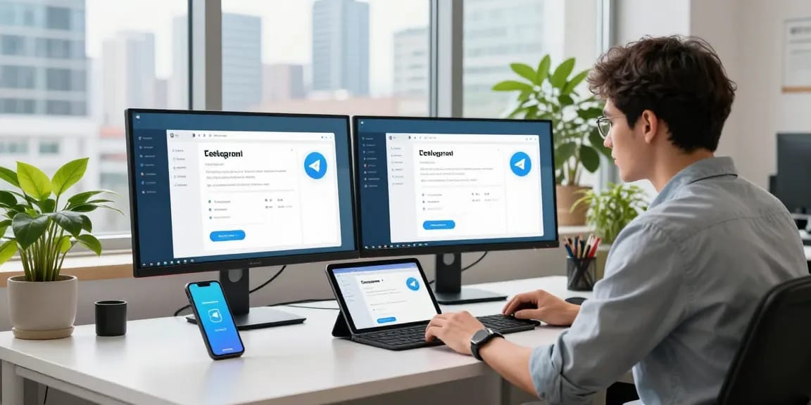 Efficient Telegram Download on multiple devices in a modern workspace with urban backdrop.