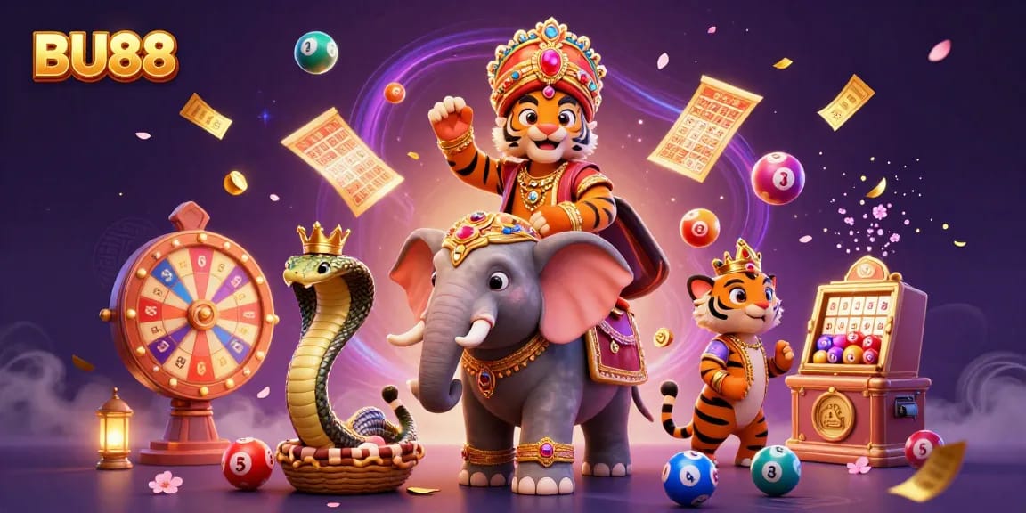 Experience excitement with BU88 in a vibrant casino scene featuring lottery elements and characters.