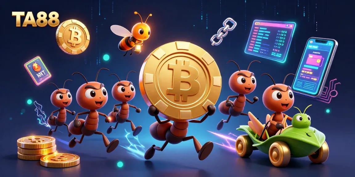 TA88 ants executing a heist for a golden poker chip amidst blockchain coins and vibrant casino elements.