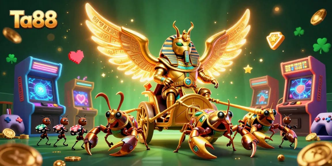 Engage with Ta88 gaming, featuring a golden scarab beetle and casino themes in 3D.