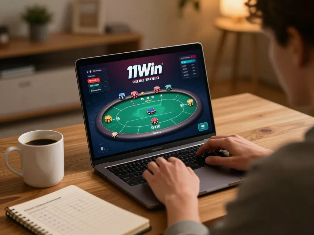 Player engaging with 11Win online casino on laptop, showcasing poker strategy and comfortable home gaming environment