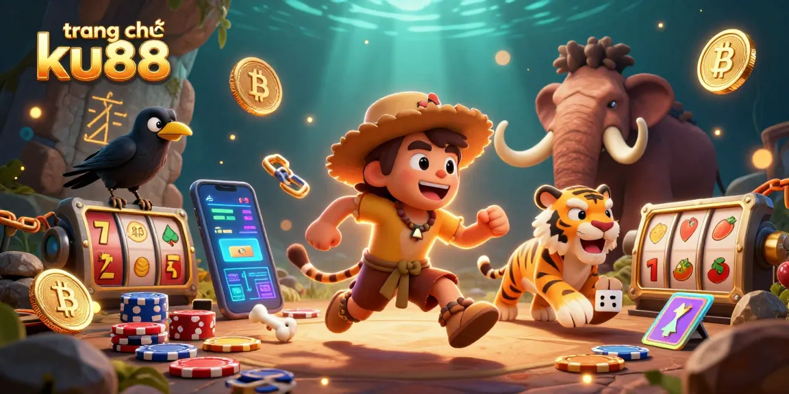 Engage with the vibrant scene at trang chủ ku88 featuring a caveman and sabertooth duo, surrounded by slot elements and crypto coins.