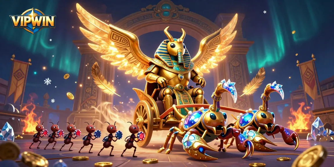 Engage with VIPWIN's thrilling 3D casino world, featuring a golden scarab beetle and dynamic poker chip action.