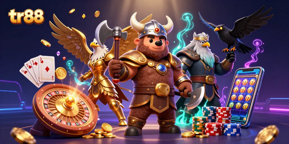 tr88 Viking bear and Valkyrie eagle amidst casino gold coins and poker chips