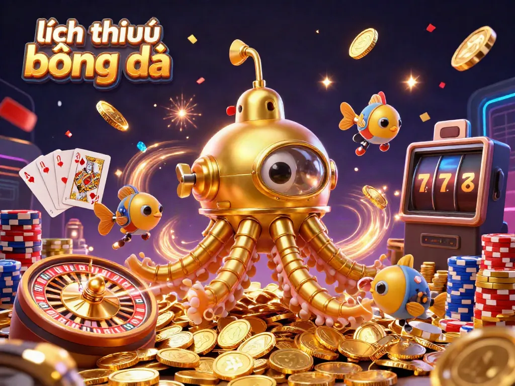 Experience the excitement of lịch thi đấu bóng đá with vibrant 3D characters, golden coins, and dynamic casino elements.