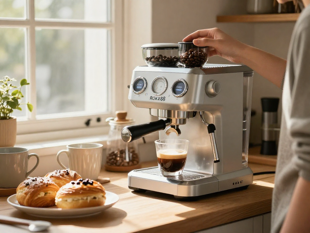 Preparing coffee with ROKOK88 espresso machine, rich crema and modern design in a cozy kitchen.