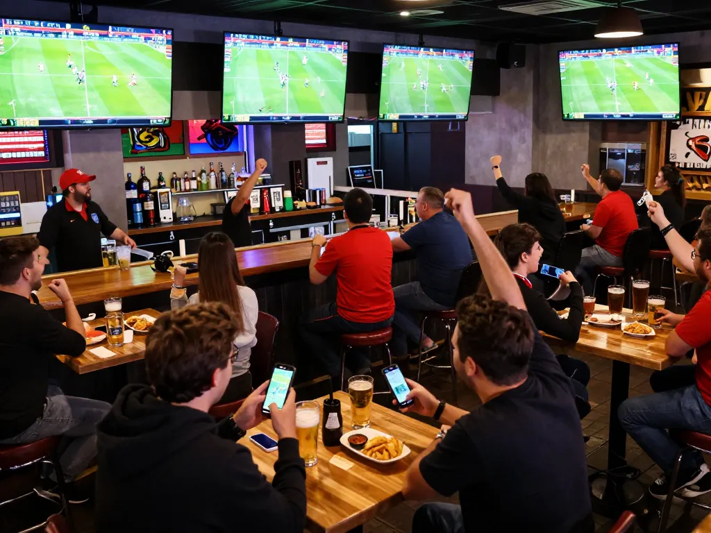 ดูบอลสด from multiple screens in a lively sports bar, fans cheering while placing bets on their smartphones.